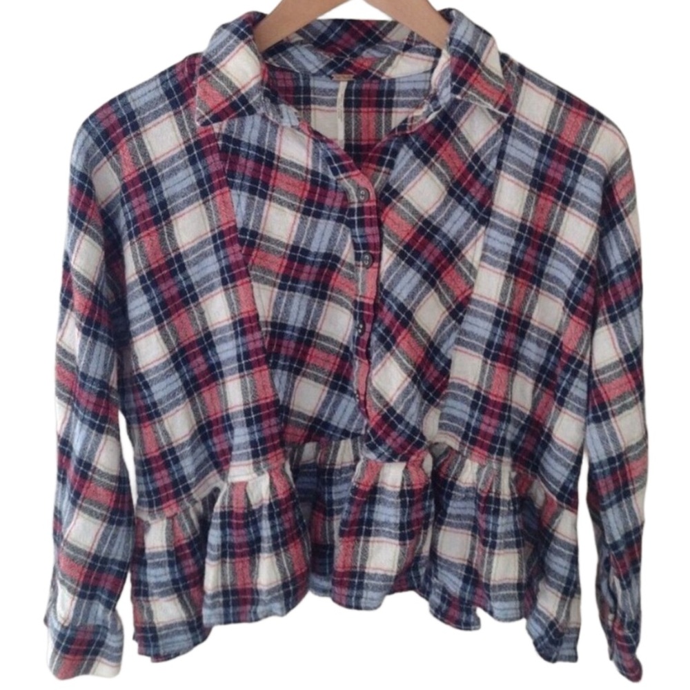 FREE PEOPLE Promise Everything Button Down Peplum Plaid Flannel Small - Picture 2 of 8